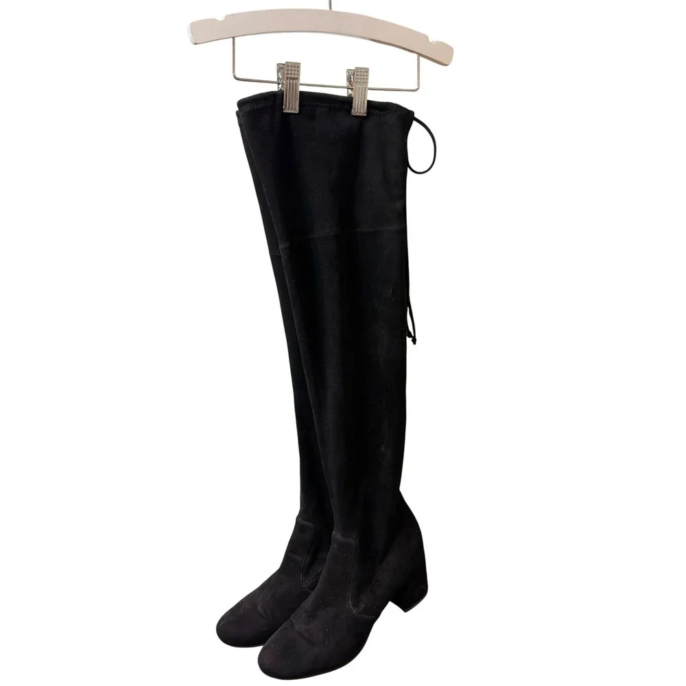 Womens Black Faux Suede Over The Knee Block Heel Boots Tie Back Size 8.5
